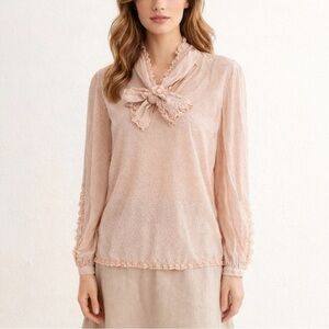 byTIMO Coquette Polka Dot Lace Ruffle Tie Neck Blouse